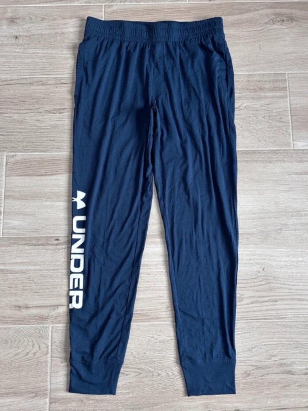 Men's Under Armour Jogger Pants Large Graphic Leg Spellout Loose Blue White New